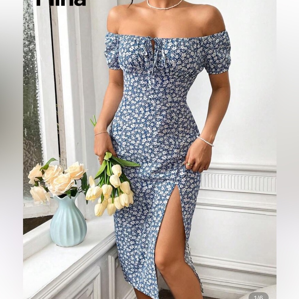 SHEIN Off-Shoulder Blue Floral Midi Dress